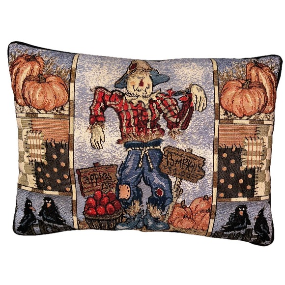 Other - Fall Harvest Scarecrow Tapestry Throw Pillow 12 X 16 Pumpkins Apples Flaw